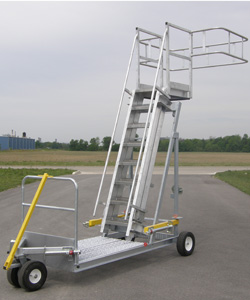 MLP-14-NC Mobile Loading Platform 
14' Truck Mobile Loading Platform
Rolling Base 4' x 6' with 4-16" pneumatic tires
No Safety Cage
Adjustable stair 10'-0" to 14'-0"